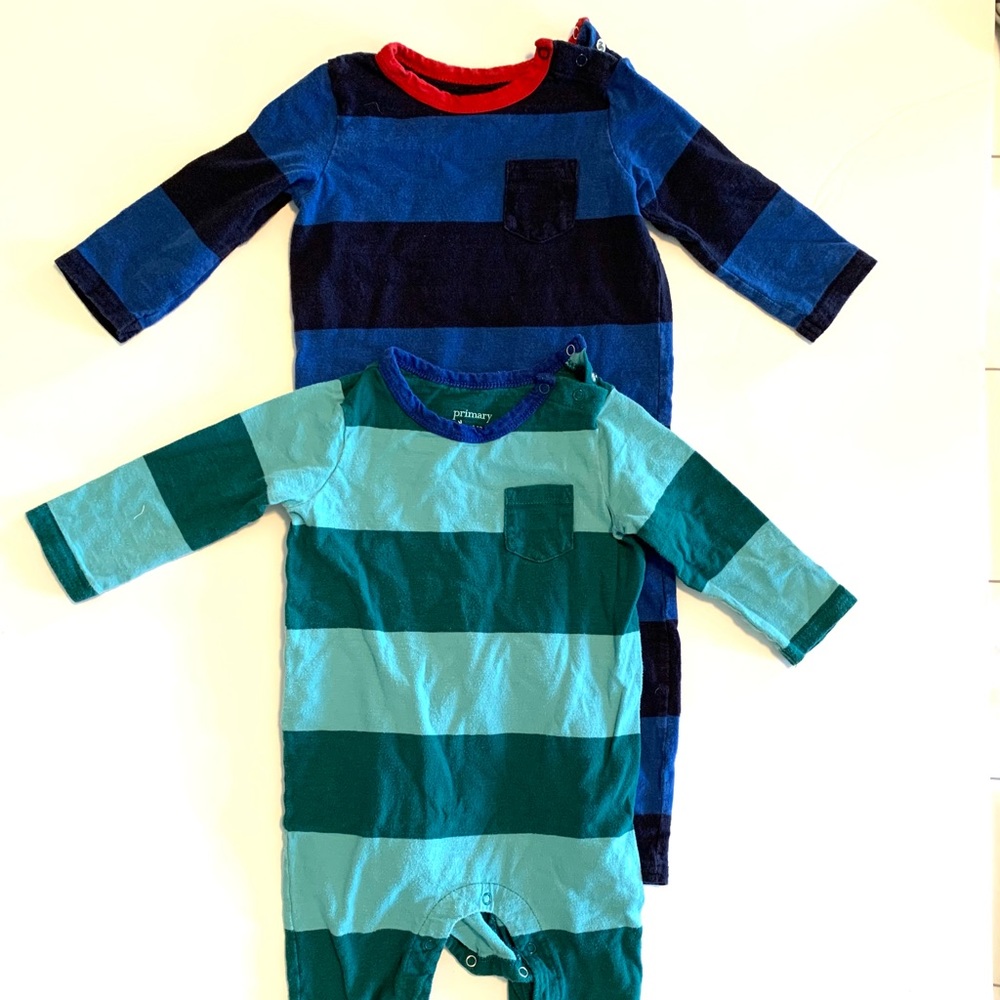Set of 2, Primary kids, 6-12m, rugby stripe romper